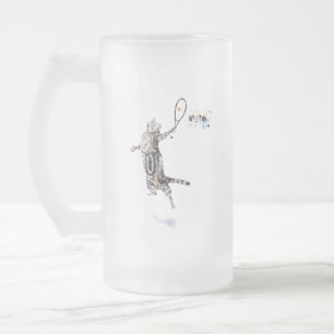 Cat Playing Tennis Frosted Glass Beer Mug