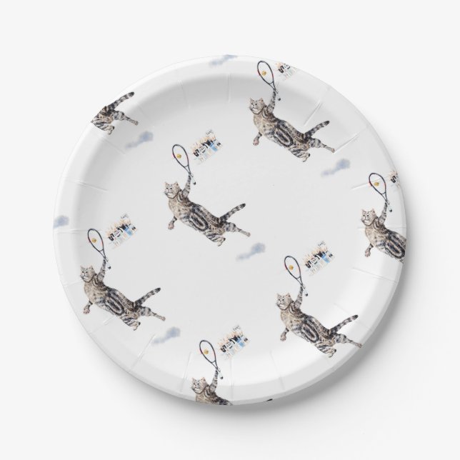 Cat Playing Tennis Paper Plates (Front)