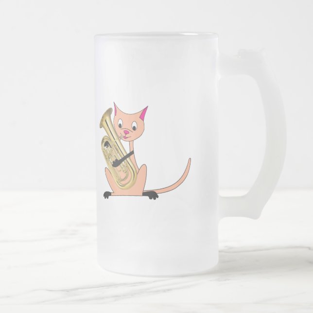 Cat Playing the Euphonium Frosted Glass Beer Mug (Right)