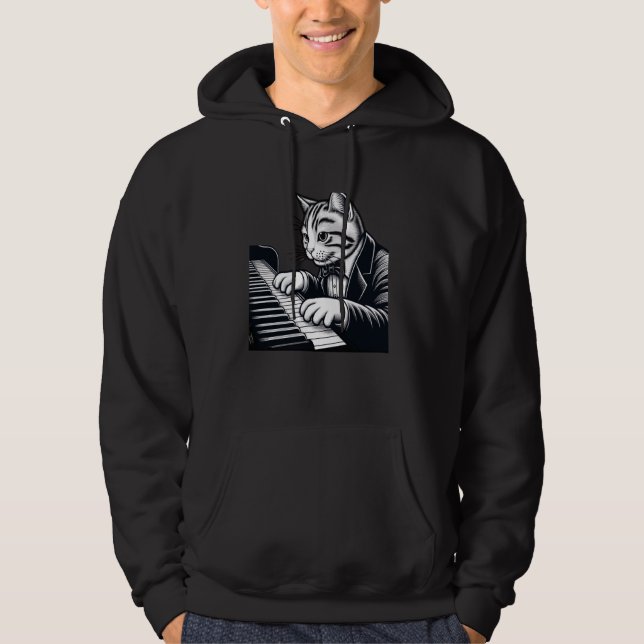 Cat Playing The Piano Wears Suit and Tie Pianist Hoodie (Front)