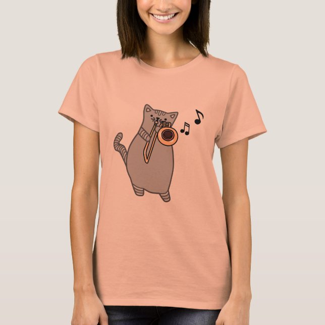 Cat Playing Trombone - Musician Gift Tee (Front)