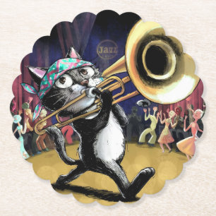 Cat playing Trombone Paper Coaster
