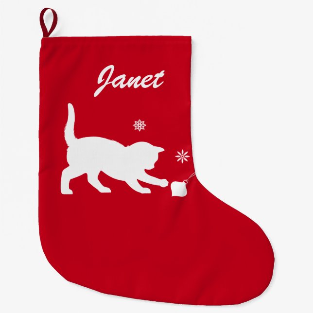 Cat Playing with Christmas Ornament Customizable Large Christmas Stocking (Front)