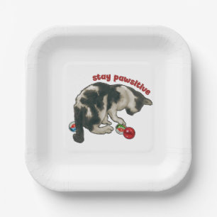 Cat Playing with MARBLES, Stay Pawsitive, Pun Paper Plates