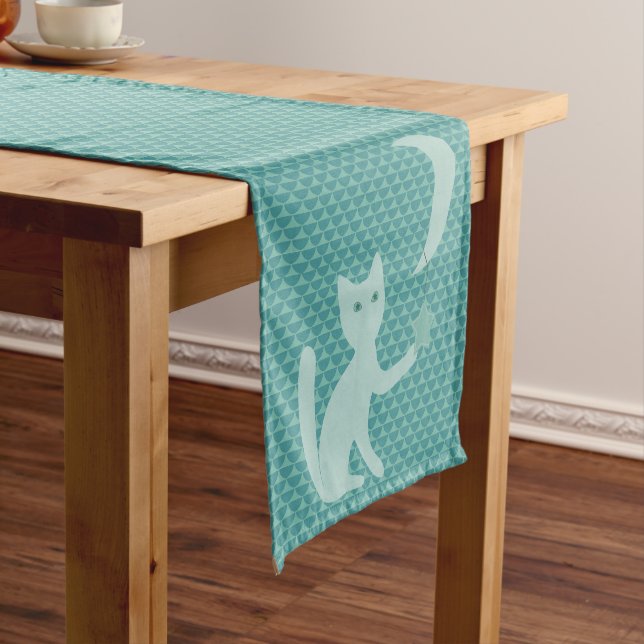 Cat Playing with Moon and Star Short Teal Table Runner (In Situ)