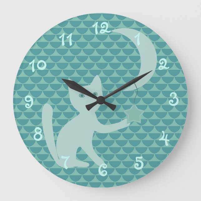 Cat Playing with Moon and Star Teal Large Clock (Front)