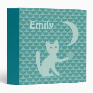 Cat Playing with Moon and Star Teal Personalised 3 Ring Binder