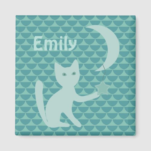 Cat Playing with Moon and Star Teal Personalised Magnet