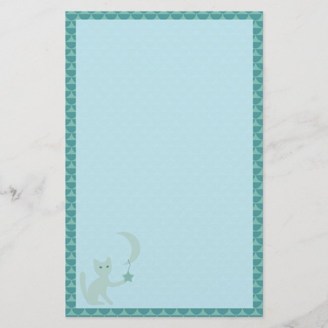 Cat Playing with Moon and Star Teal Stationery (Front)