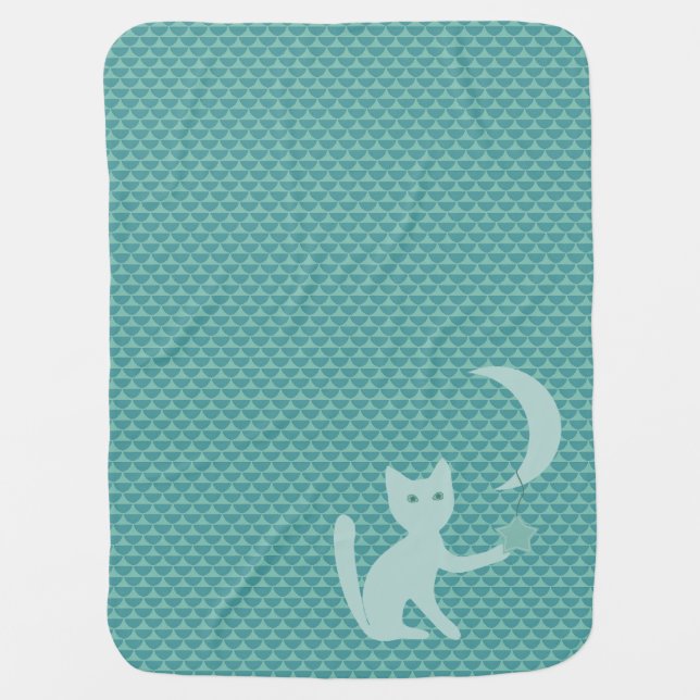 Cat Playing with Moon and Stars Teal Baby Blanket (Front)