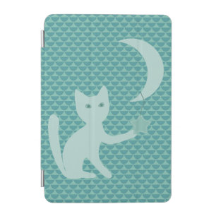 Cat Playing with Moon and Stars Teal iPad Mini Cover