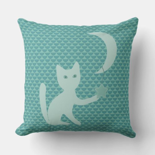 Cat Playing with Moon and Stars Teal Throw Pillow