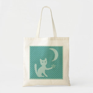 Cat Playing with Moon and Stars Teal Tote Bag