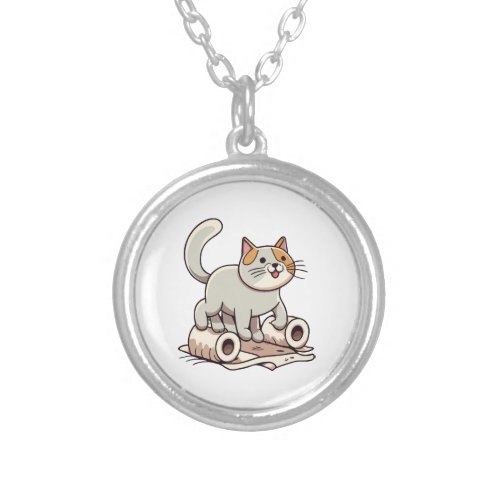 Cat Playing with Toilet Paper Silver Plated Necklace