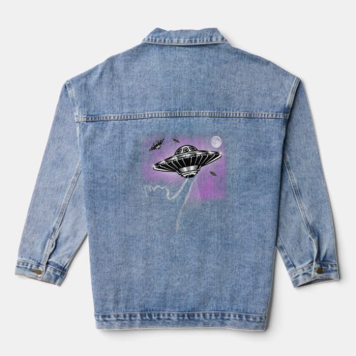 Cat Playing With UFO Space Aliens bCute Cat    Denim Jacket