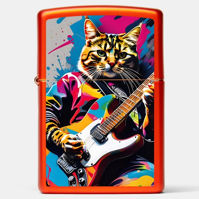 Cat plays the guitar, rock graffiti zippo lighter (Front)
