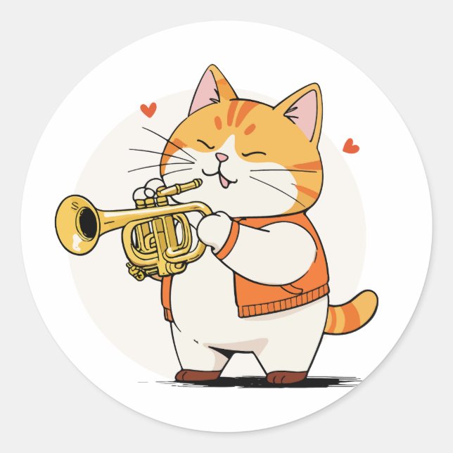 Cat Plays The Trumpet Classic Round Sticker (Front)