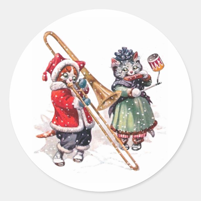 Cat Plays Trombone in the Snow Classic Round Sticker (Front)