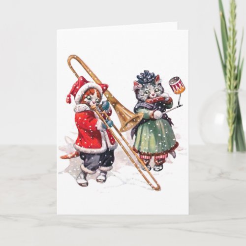 Cat Plays Trombone in the Snow Holiday Card