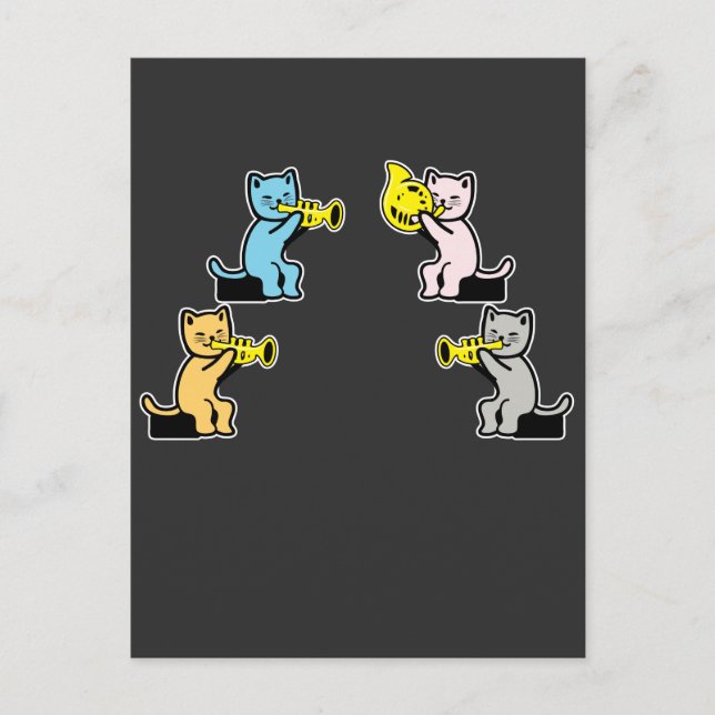 Cat plays trumpet trombone postcard (Front)