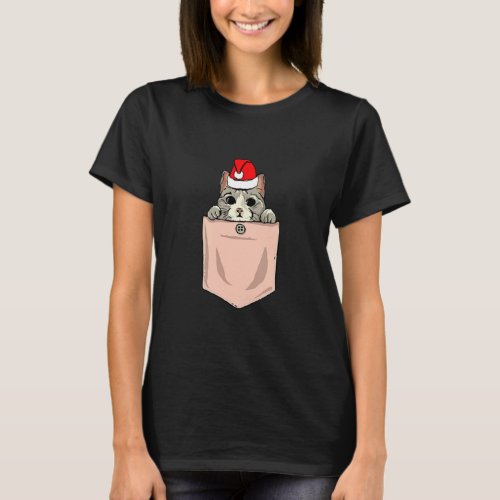 Cat Pocket Christmas Peeking Kitten Santa Hat Cute T_Shirt