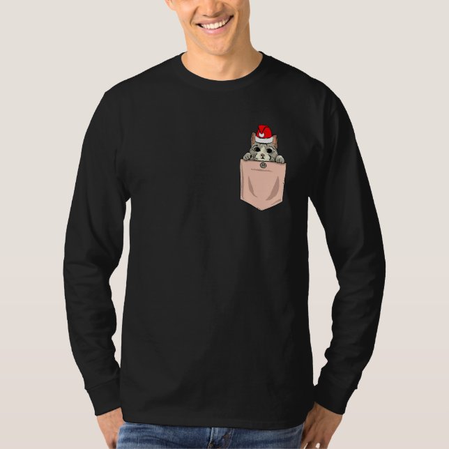 Cat Pocket Christmas Peeking Kitten Santa Hat Cute T-Shirt (Front)