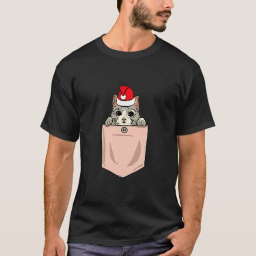 Cat Pocket Christmas Peeking Kitten Santa Hat Cute T_Shirt