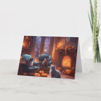 Cat pondering on Halloween in a cozy living room
