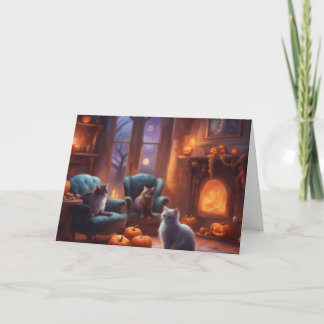 Cat pondering on Halloween in a cozy living room Card