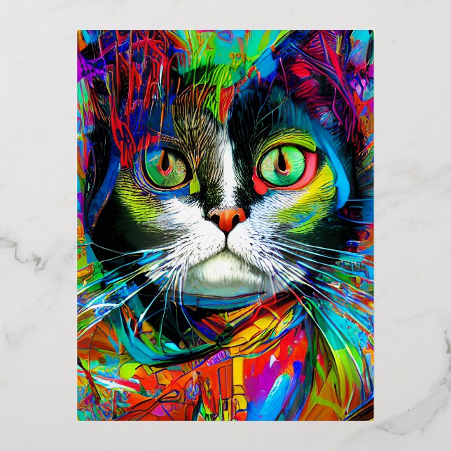Cat Portrait Graffiti Art Psychedelic Foil Holiday Postcard (Front)