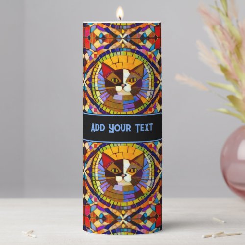 Cat Portrait Mosaic with custom Text _ colorful Pillar Candle