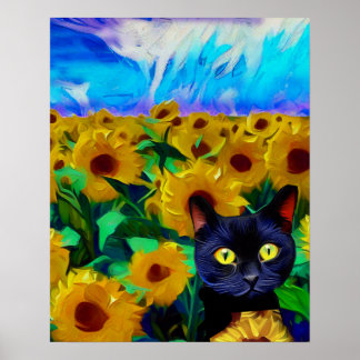 Cat Poster, Sunflower Field, Impressionist Art Poster