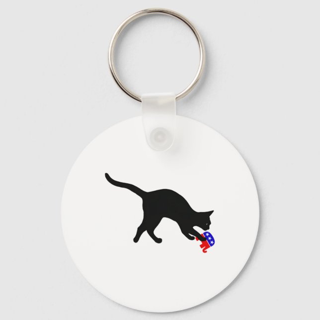 Cat Pouncing On Gop Elephant Funny Democat  Keychain (Front)