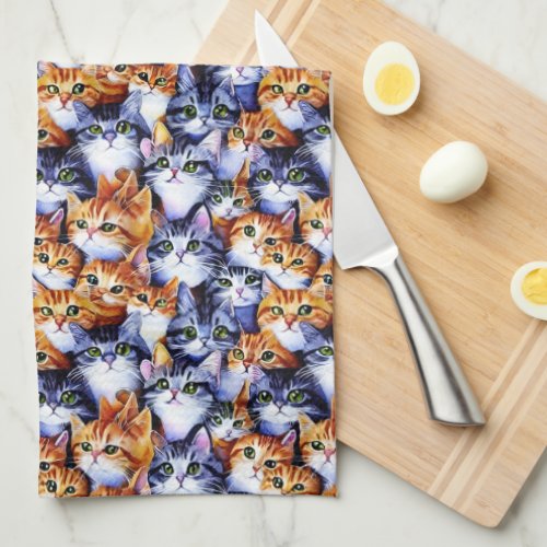 Cat print cartoon faces collage gray ginger eyes kitchen towel