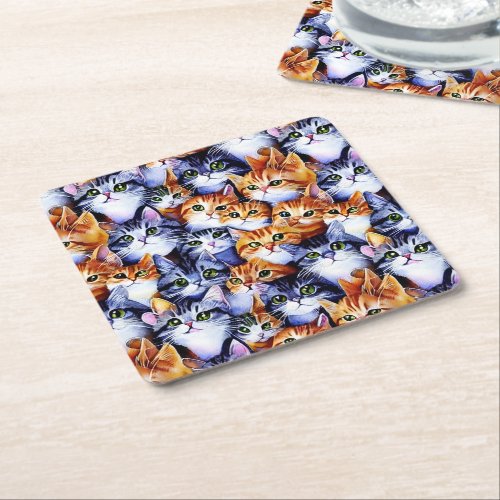 Cat print faces cartoon collage ginger gray kitten square paper coaster