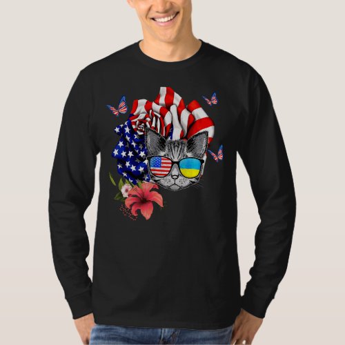Cat Proud And Rose American Flag 4th Of July 1 T_Shirt