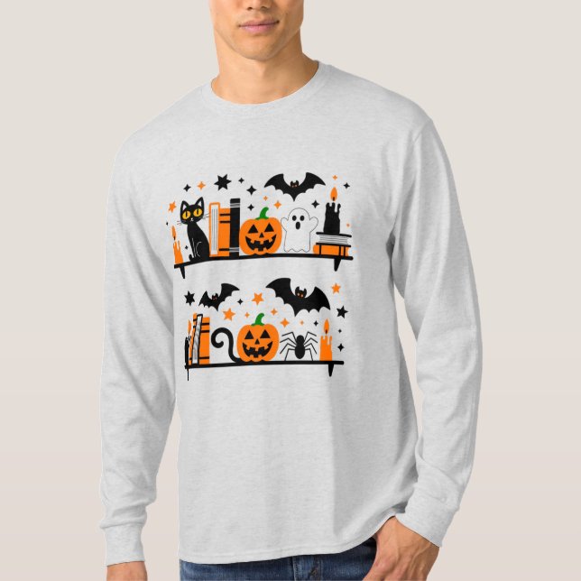 Cat Pumpkin Bat Spider Halloween Book Candle T-Shirt (Front)