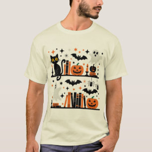 Cat Pumpkin Bat Spider Halloween Book Candle T-Shirt
