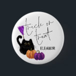 Cat Pumpkin Broomstick Halloween Trick Treat Name  Button<br><div class="desc">Cat Pumpkin Broomstick Halloween Trick Treat Name. Halloween night favor - easily personalise the name. A witch's broomstick runs down the left hand side with pumpkins and scary cat!</div>