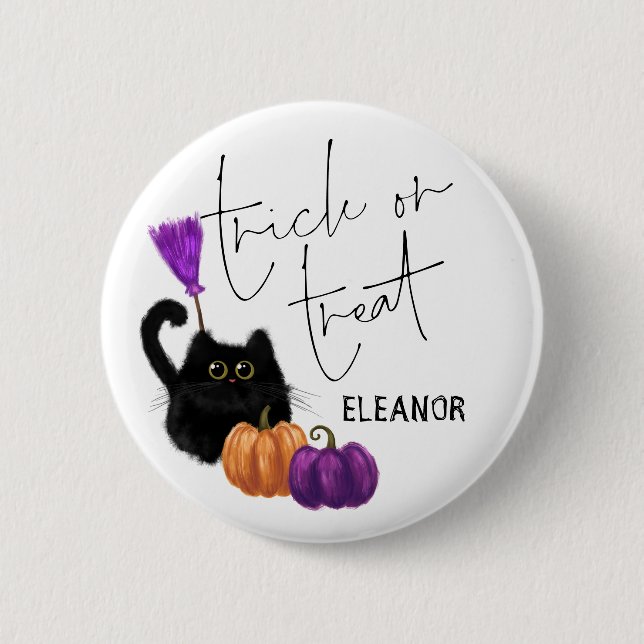 Cat Pumpkin Broomstick Halloween Trick Treat Name  Button (Front)