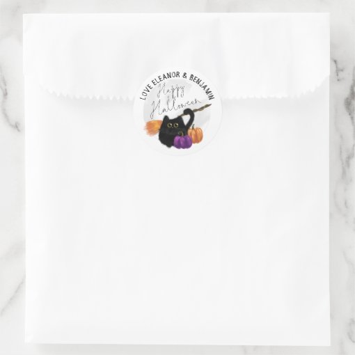 Cat Pumpkin Broomstick Name Happy Halloween Classic Round Sticker Zazzle