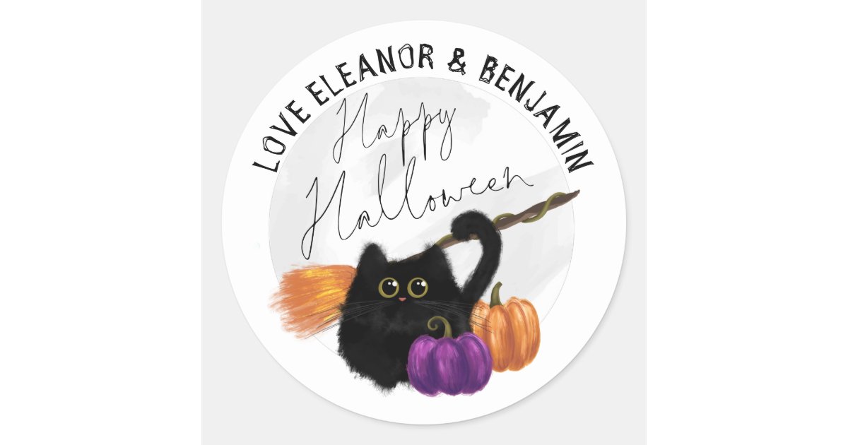 Cat Pumpkin Broomstick Name Happy Halloween Classic Round Sticker Zazzle