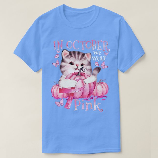 Cat Pumpkin Halloween In October We Wear Pink Brea T-Shirt (Design Front)