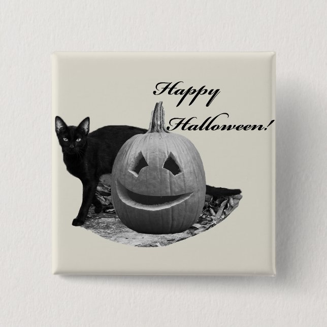 Cat & Pumpkin Happy Halloween Button (Front)