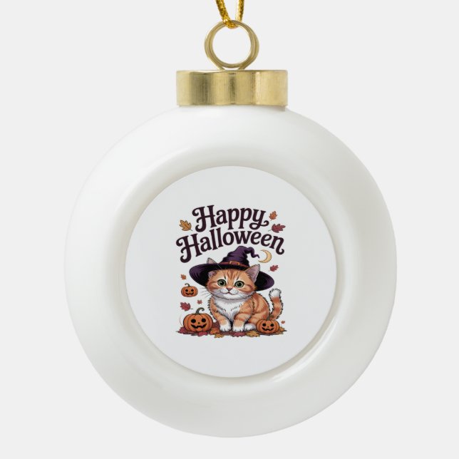 Cat Pumpkin Happy Halloween Ceramic Ball Christmas Ornament (Front)