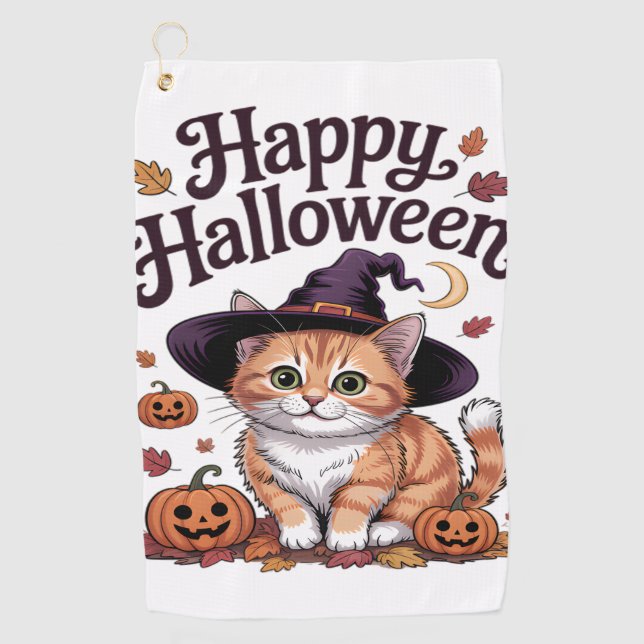 Cat Pumpkin Happy Halloween Golf Towel (Front)