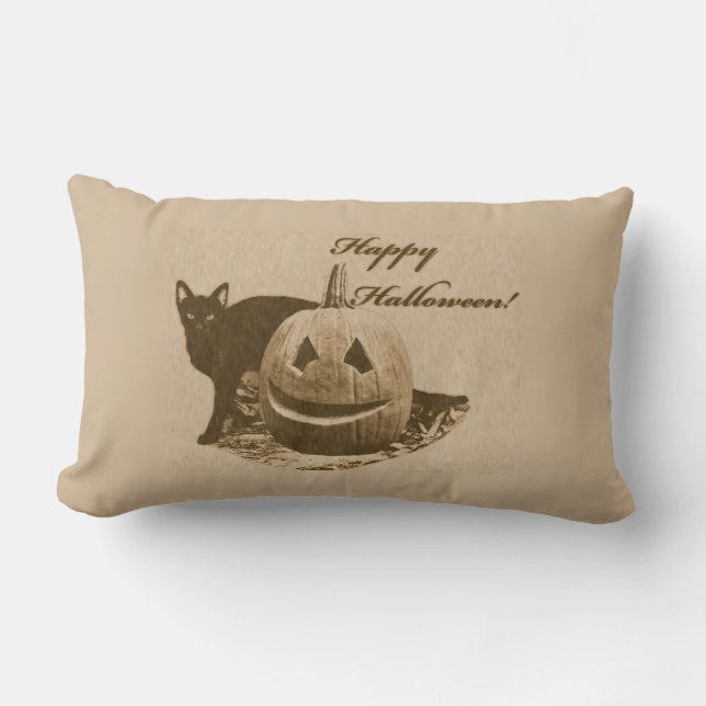 Cat & Pumpkin Happy Halloween Lumbar Pillow (Front)