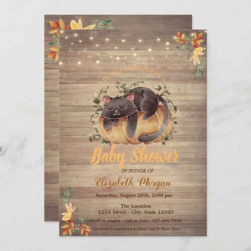 CatPumpkinString LightsWood Texture Baby Shower Invitation