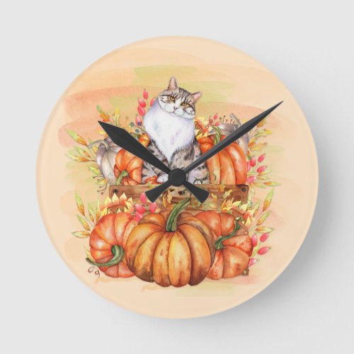 Cat Pumpkins Fall Autumn Fall Painting  Round Clock