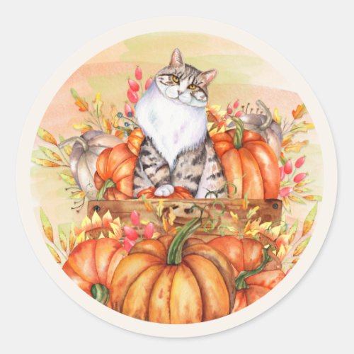 Cat Pumpkins Fall Autumn Orange White Classic Round Sticker